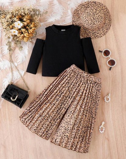 SHEIN Baby Girls Cold Shoulder Tee And Leopard Print Pleated Skirt(2pc + Hat)