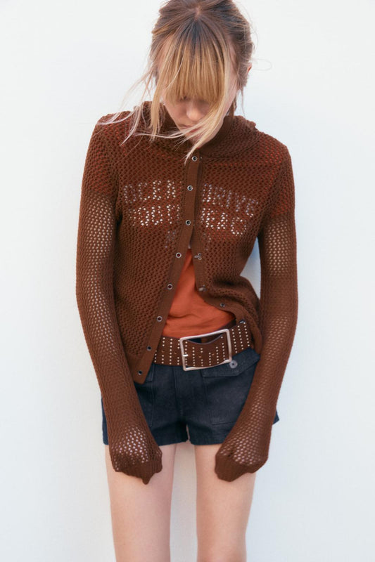 ZARA Knit Cardigan With Hood-Brown