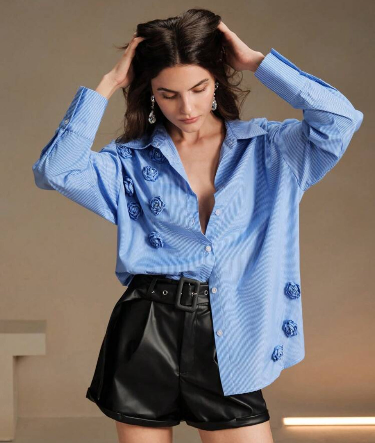 Shein Anewsta Women Elegent Striped 3D Floral Décor Loose Shirt