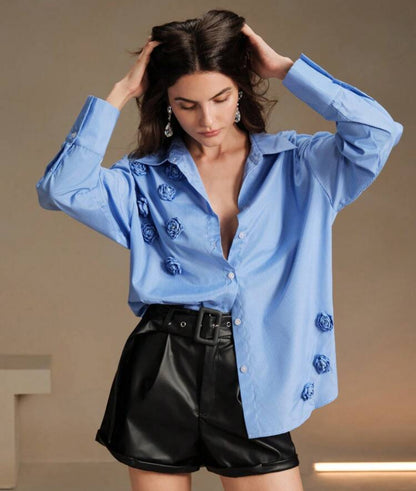 Shein Anewsta Women Elegent Striped 3D Floral Décor Loose Shirt
