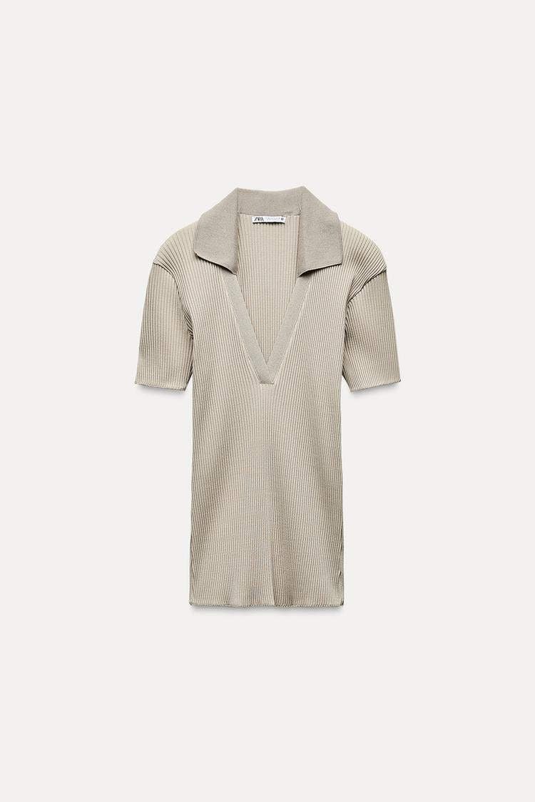 ZARA Ribbed Polo Collar Top - Light Green
