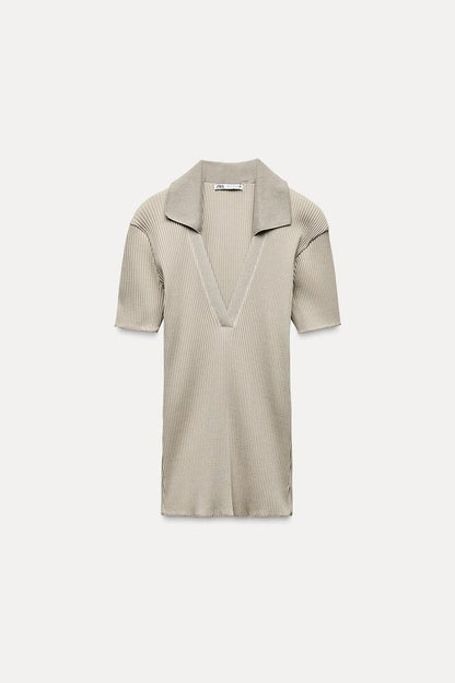 ZARA Ribbed Polo Collar Top - Light Green
