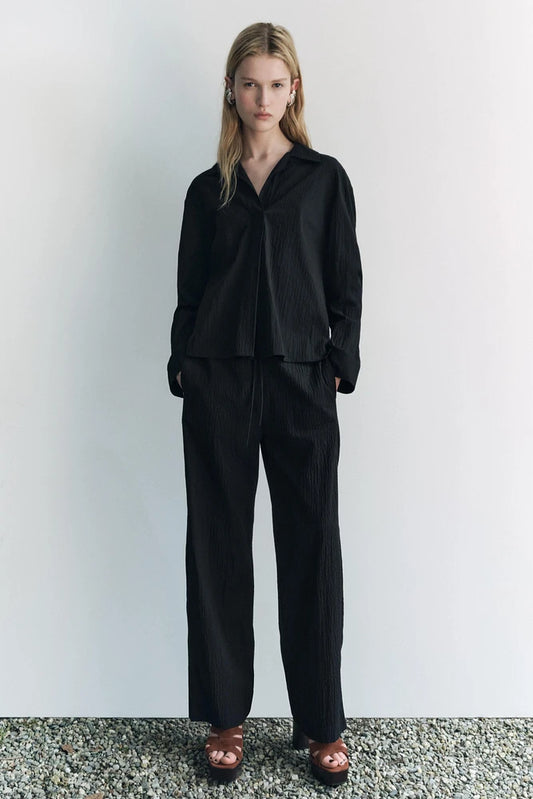 ZARA ZW Collection Pyjama Style Trouser And Polo Collar Cord Set - Black