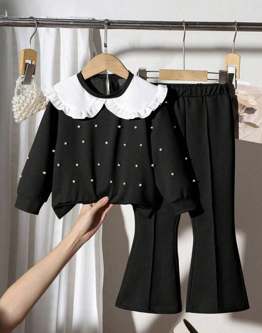 SHEIN Young Girls Peter Pan collar Pearl Décor Long Sleeve