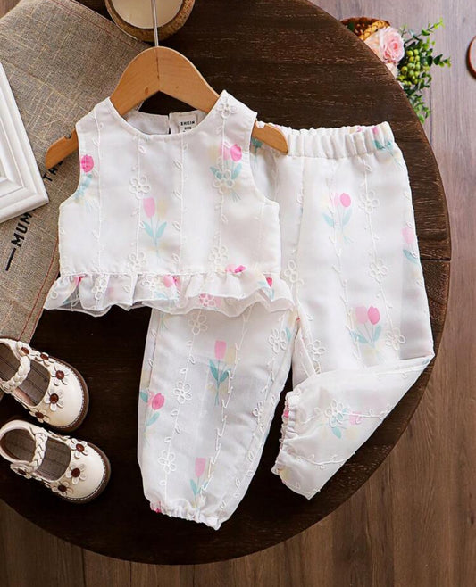 SHEIN Baby Girls Tulip Printed Sleeve Top And Pants Set