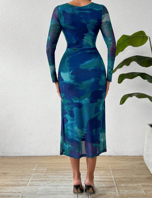 Shein Raffnea Round Neck Pleated Tie Dye Dress Maxii Women Outfit (Royal Blue)