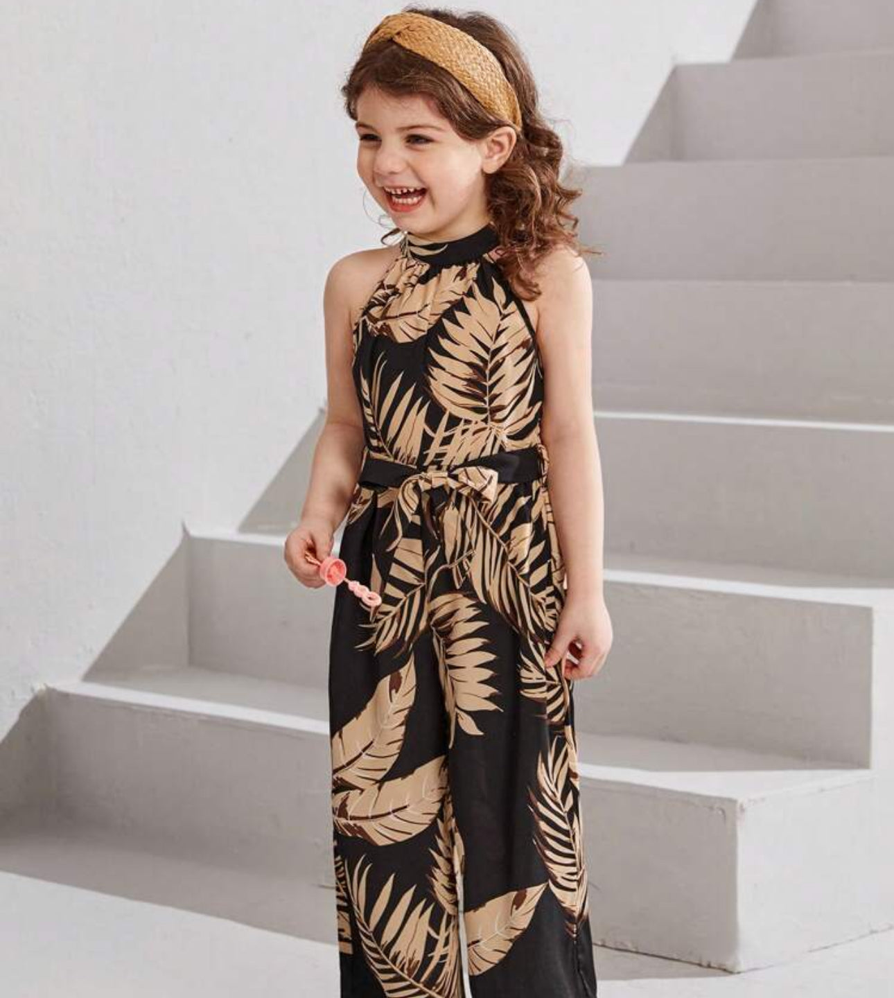 SHEIN Young Girls Tropical print Belted Halter Neck Jumpsuit