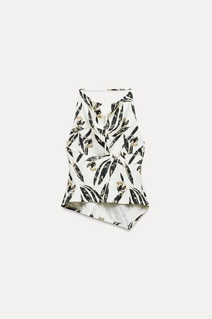 ZARA Printed Pique Halter Top -Printed