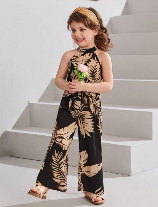 SHEIN Young Girls Tropical print Belted Halter Neck Jumpsuit