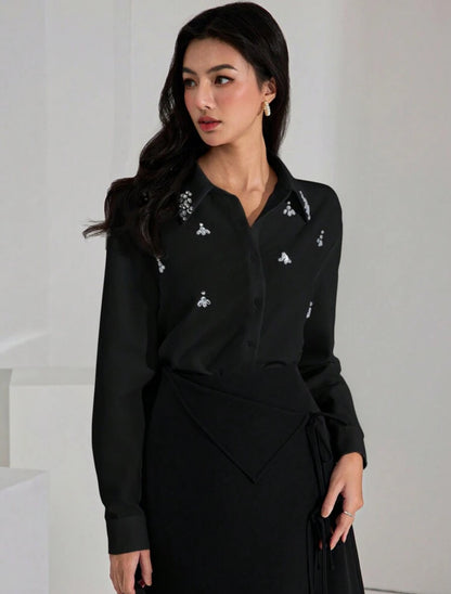 Shein Women Heiryn Elegent Rhinestone Decorated  Blouse
