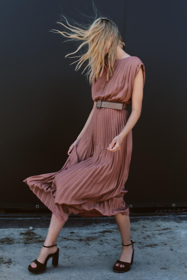 ZARA Pleated Dress With Belt - Marsala