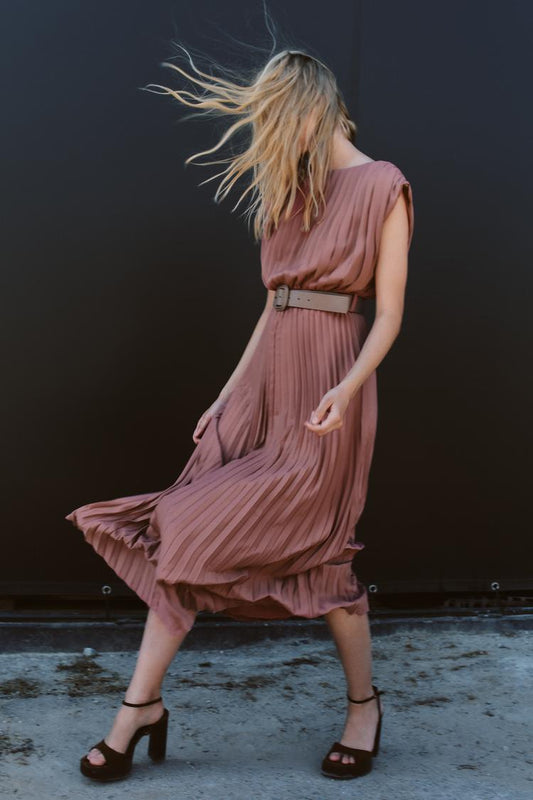 ZARA Pleated Dress With Belt - Marsala