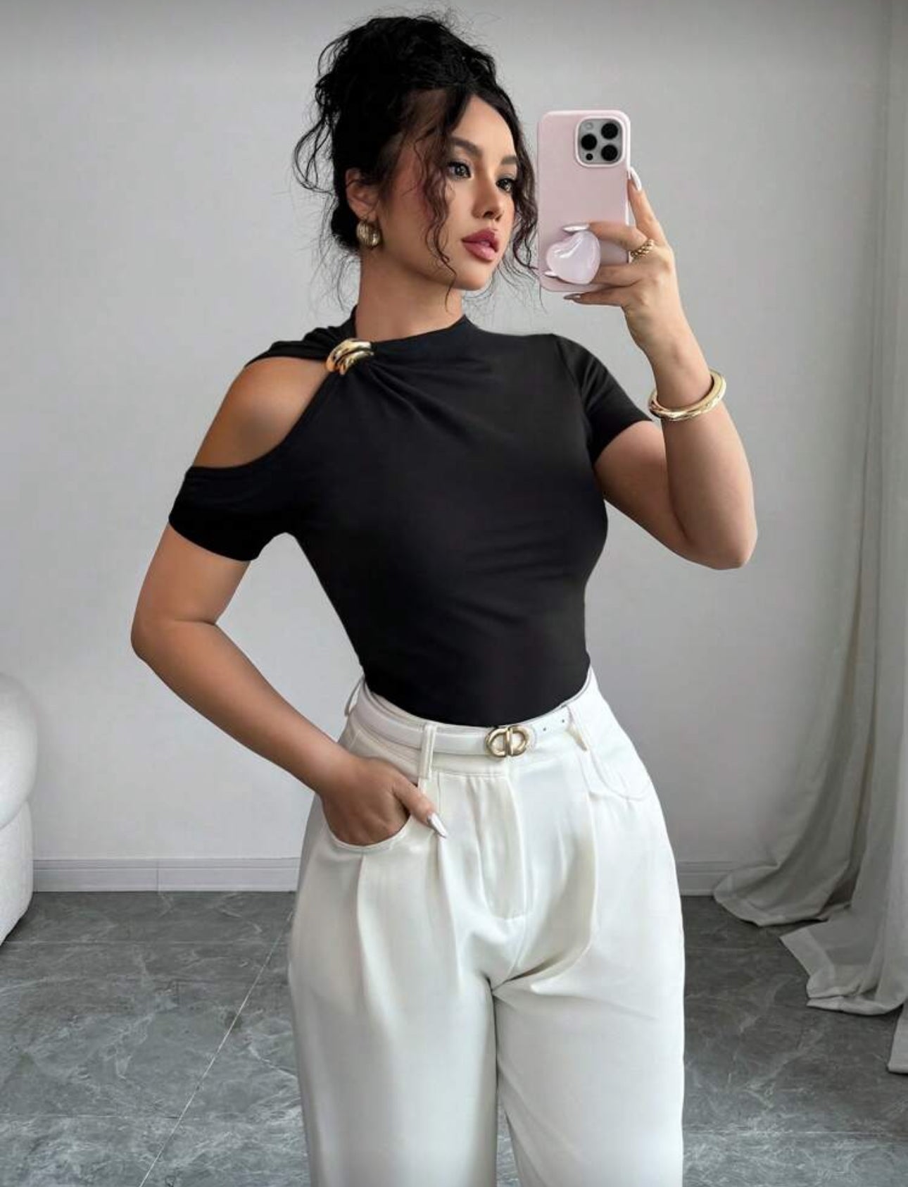 Shein Elenzga Metal Decor Off Shoulder T shirt