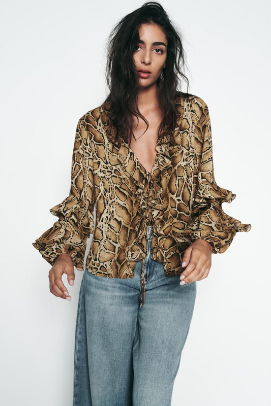 ZARA Animal Print With Ruffle Shirt - Leopard