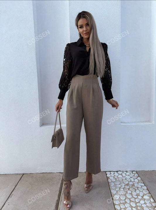 SHEIN Contrast Lace lantern Sleeve Shirt