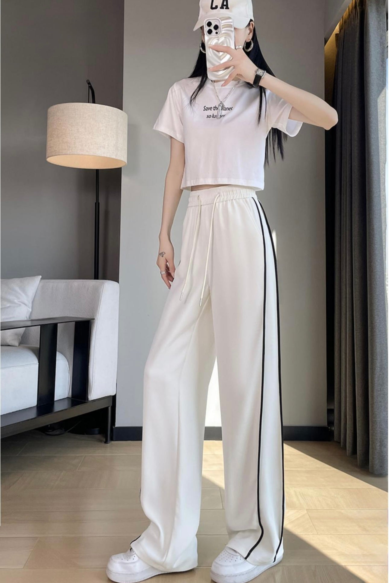 SHEIN Contrast Stripe Wide Leg Trousers white/black