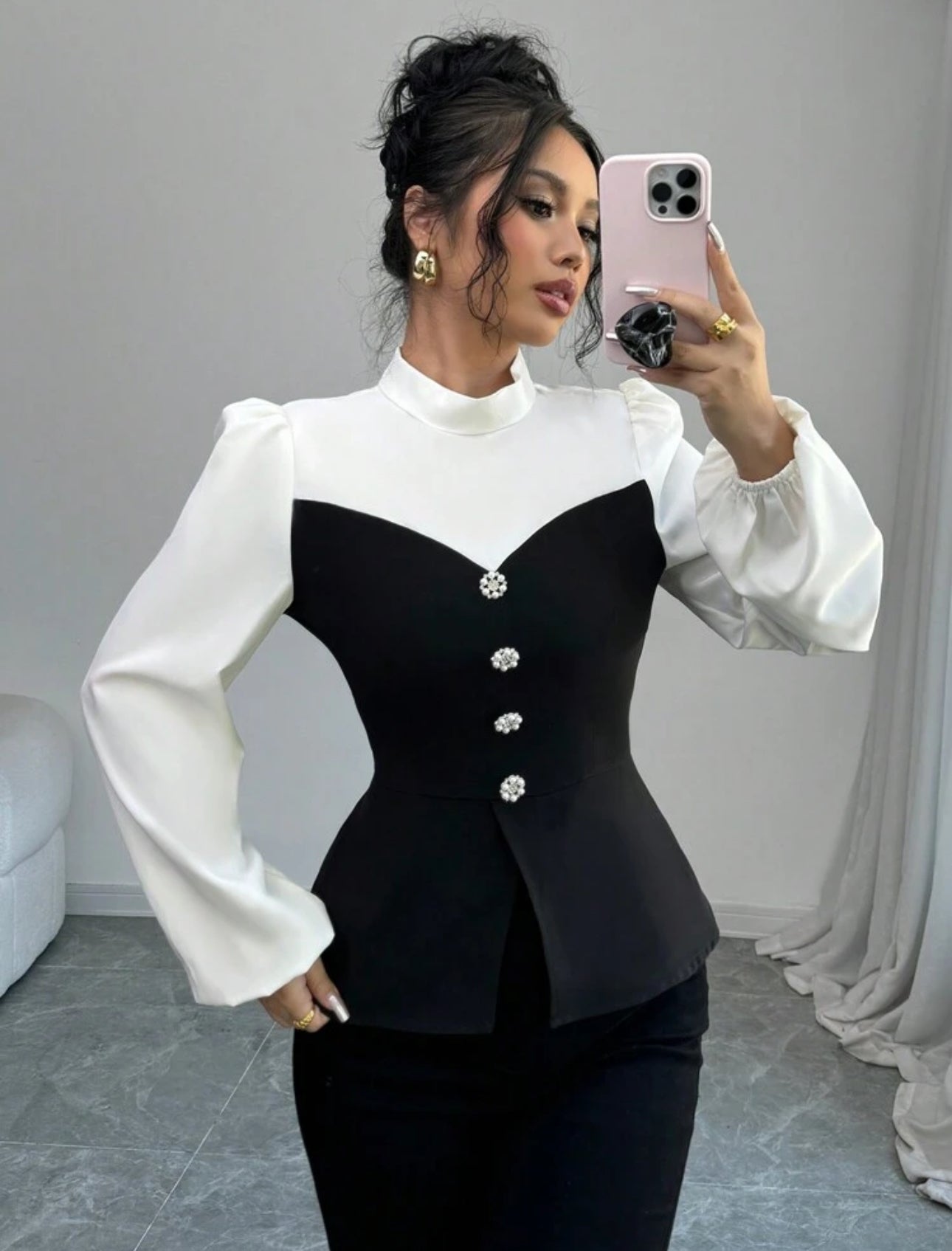 Shein Elenzga Contrast Color Standing Collar  fitted Women Shirt