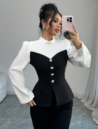 Shein Elenzga Contrast Color Standing Collar  fitted Women Shirt