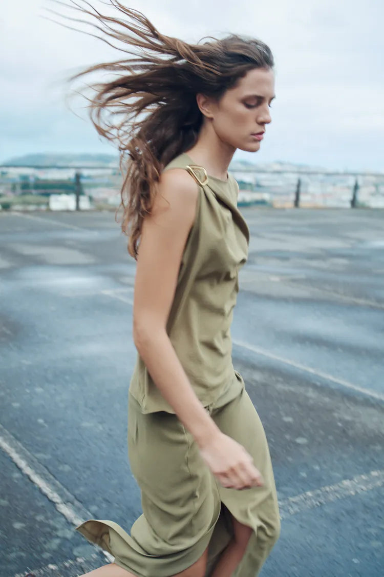 ZARA Flowing Top With Buckle -Khaki
