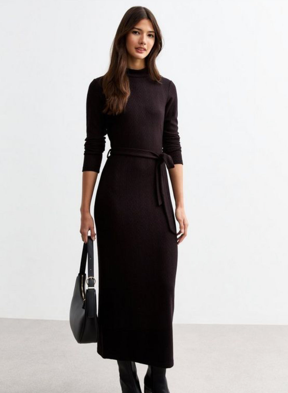 NEW LOOK Black Cable Jersey Belted Midi Dress