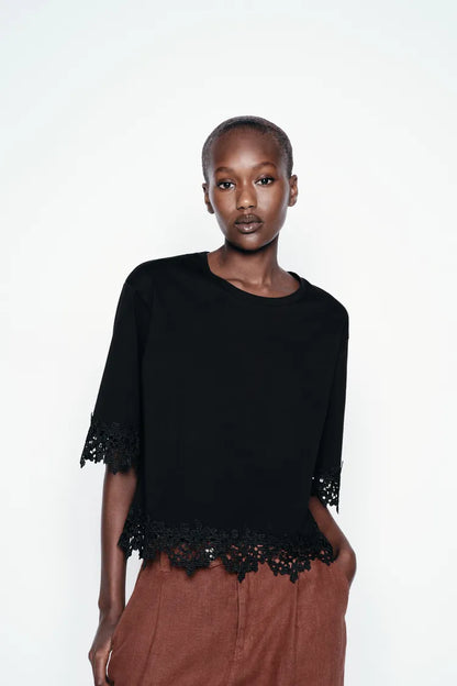 ZARA Lace Cotton T Shirt -Black