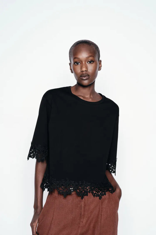 ZARA Lace Cotton T Shirt -Black