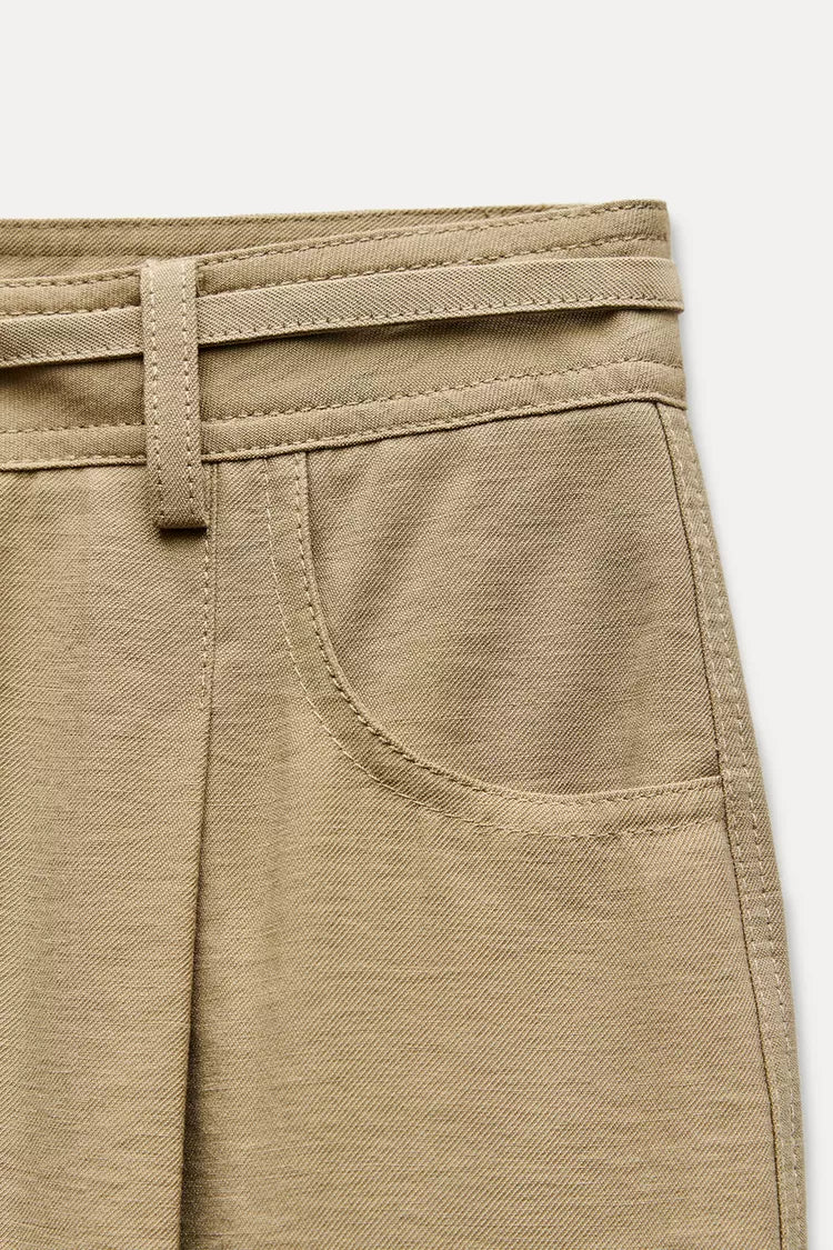 ZARA Wide Leg Trouser With Bow Belt -Dark Camel