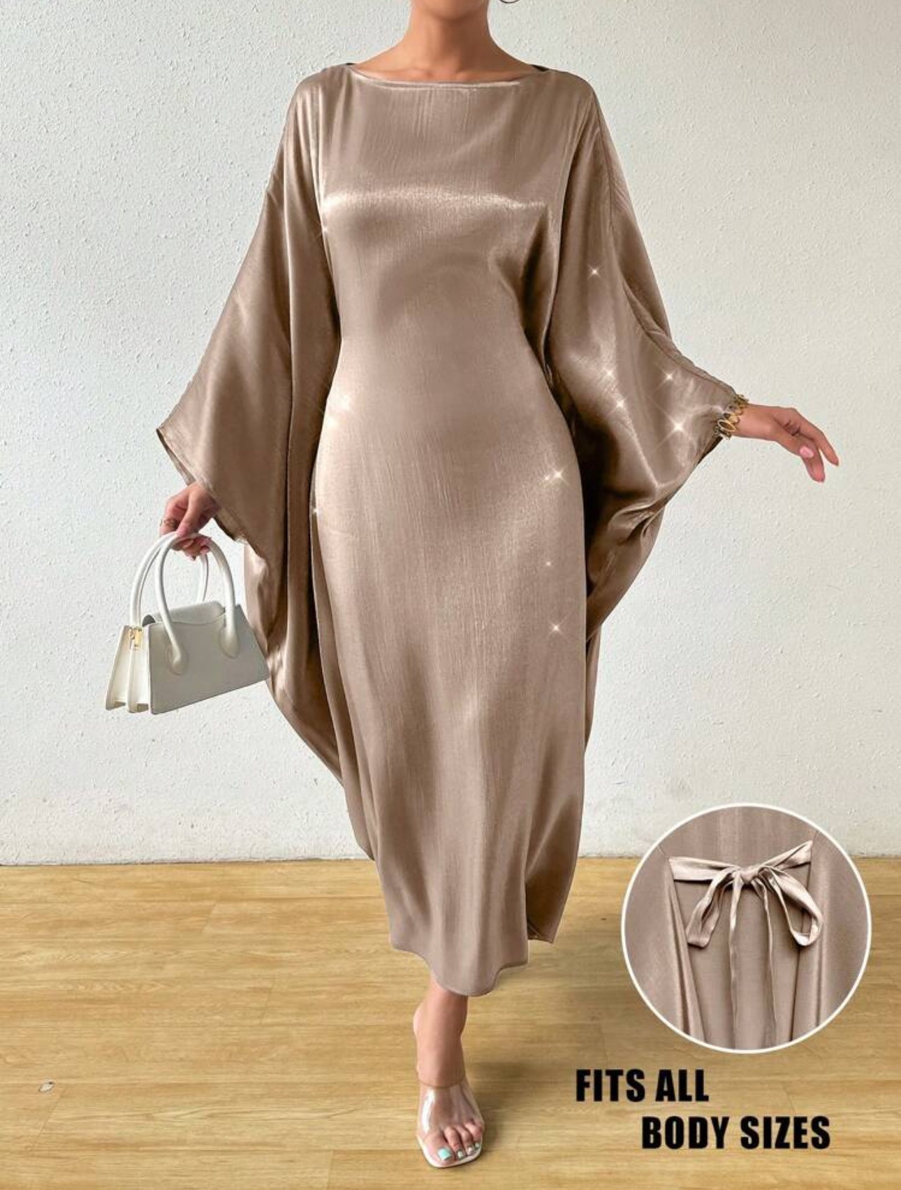 Shein Raffnea Women Round Neck Batwing Sleeve Solid Color Loose Champagne- One Size