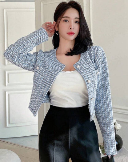 SHEIN Dazy Plaid Patteren Short Round Neckline Open Front Long Sleeve Shirt