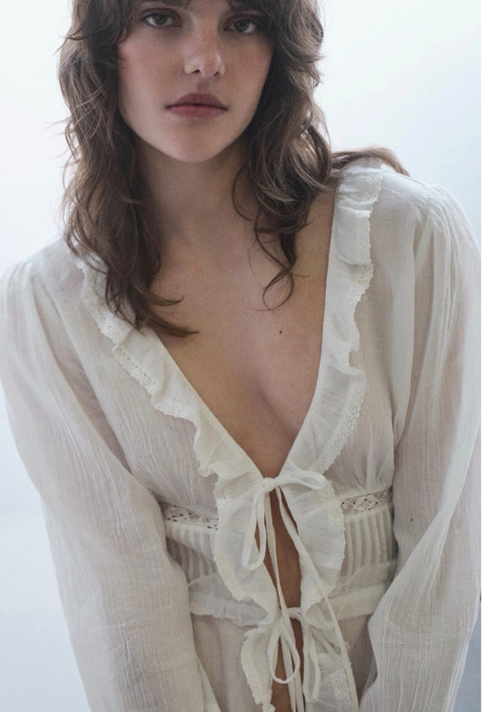 Zara Guaze Shirt With Ruffles