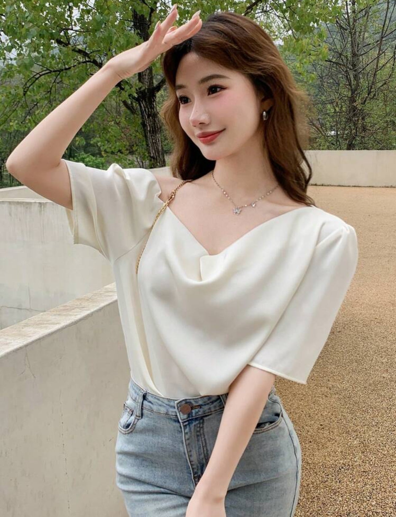 Shein Women Solid Color Draped Neck Pullover Short Sleeve Shirt Too