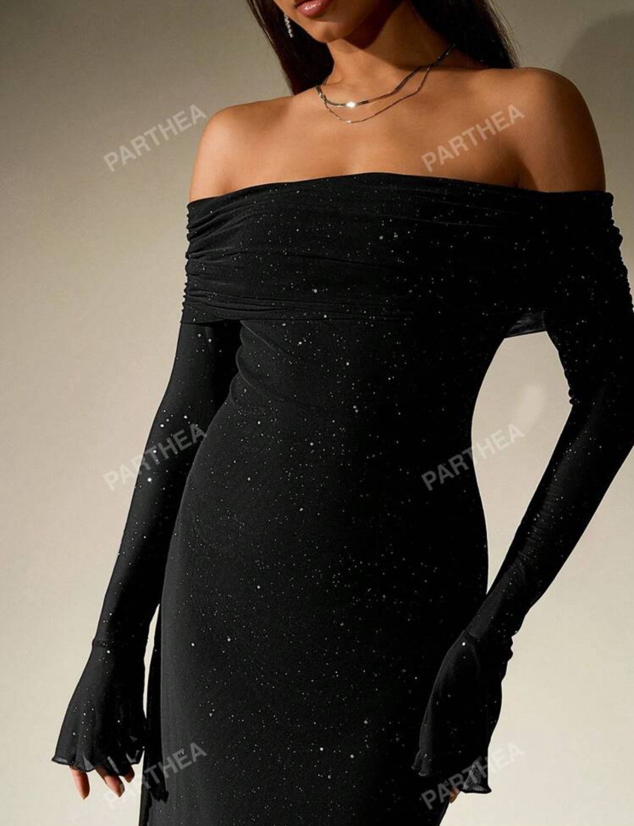 Shein Off shoulder Mesh Long Dress (Black)