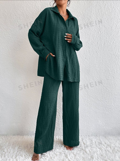 SHEIN Essnce Solid Drop Shoulder Co-ord Set (Green)