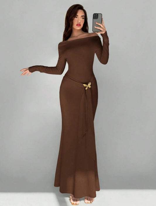 Shein Off Shoulder Metal Bow Décor Long Dress