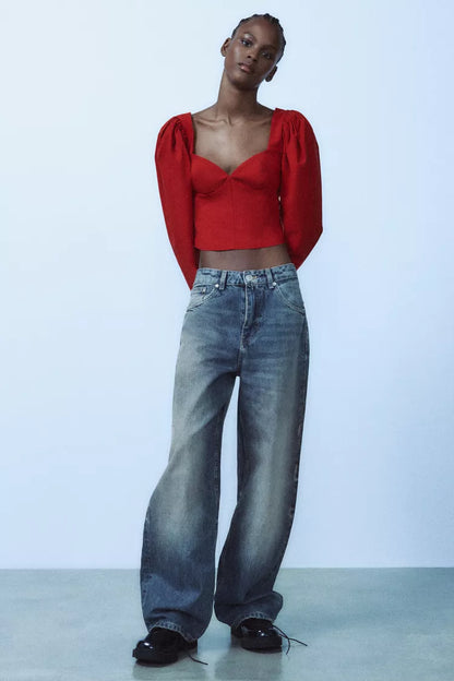ZARA SweatHearT NecK Line Top -Intense Red