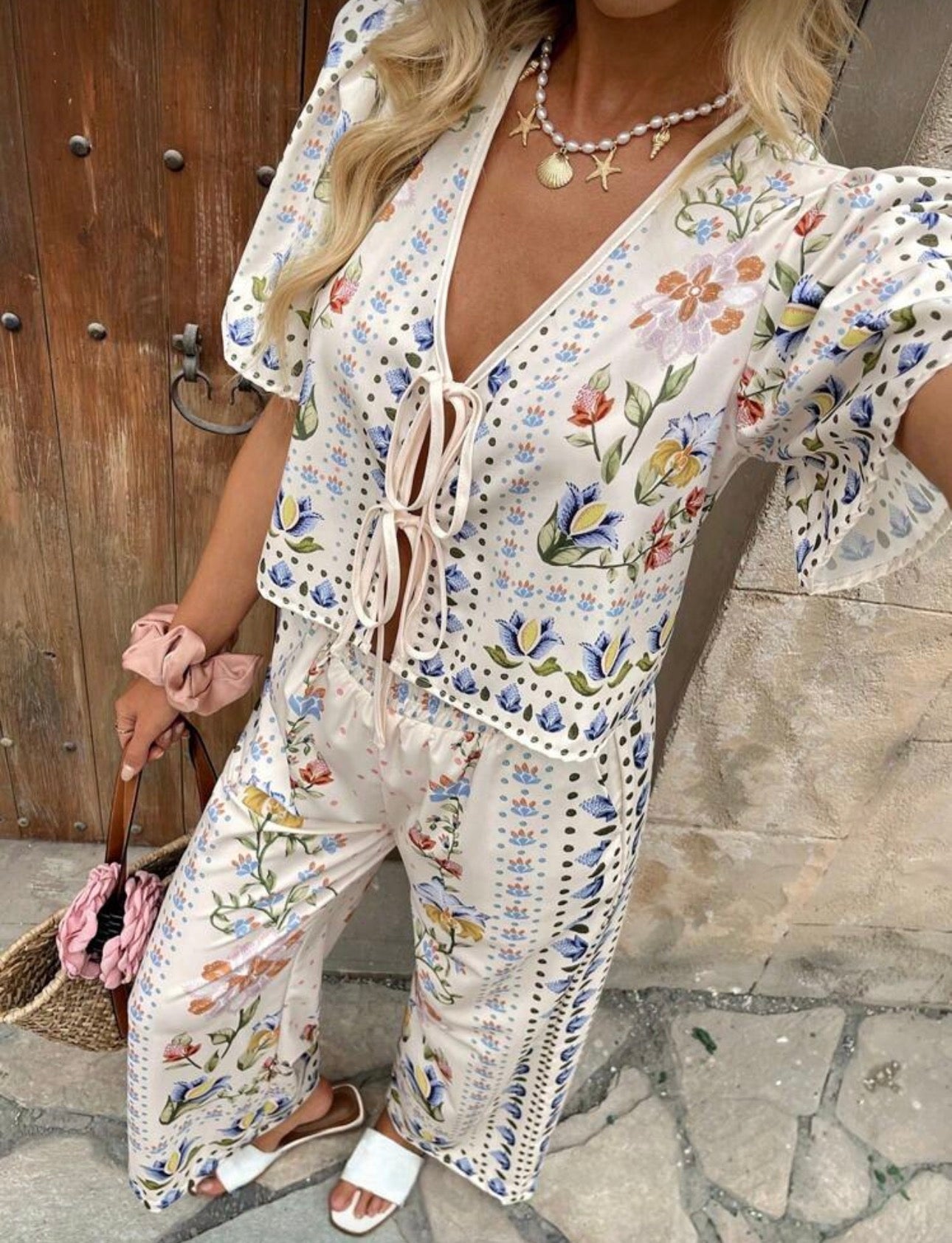 Shein Women Casual Vacation printed top And Wide Leg Pant Cord Set