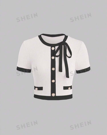 SHEIN Mod Women Contrast Color Buon Décor Lace Up Round Neck