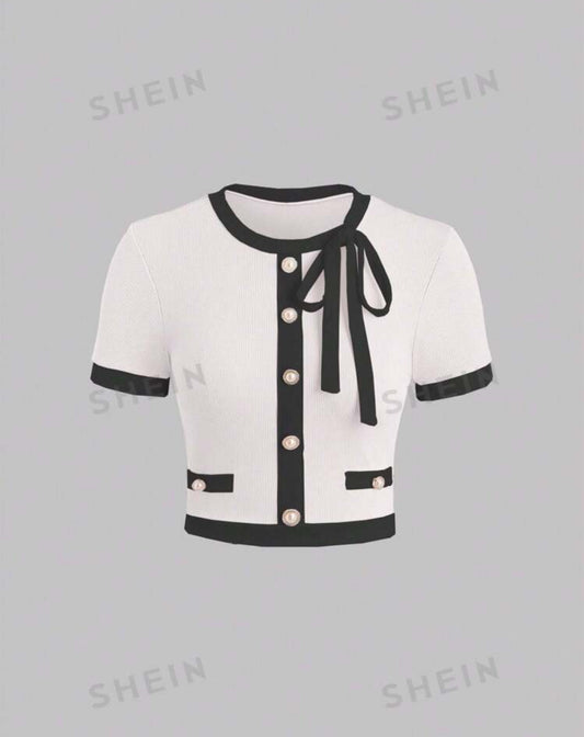 SHEIN Mod Women Contrast Color Buon Décor Lace Up Round Neck