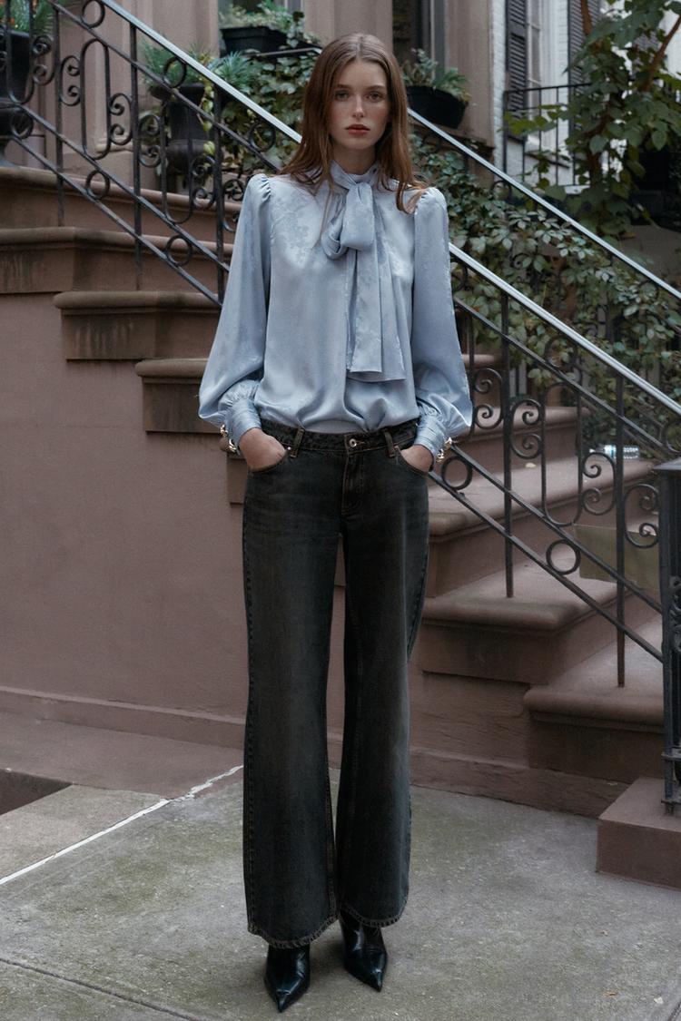 Zara Satin Finished Jacquard Shirt With Bows