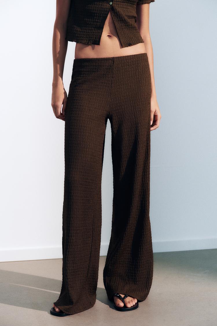 Zara Textured Straight Leg Set-Brown