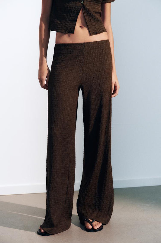 Zara Textured Straight Leg Set-Brown