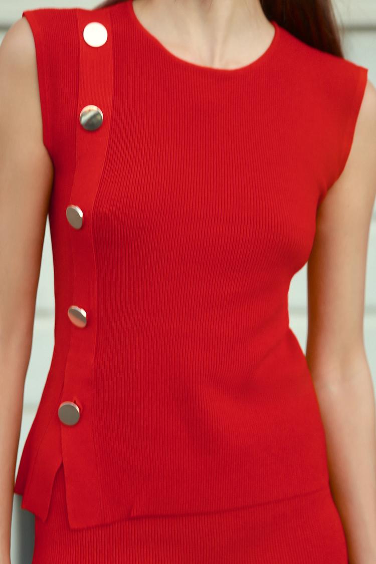 ZARA Knit Top With Gold Button - Red