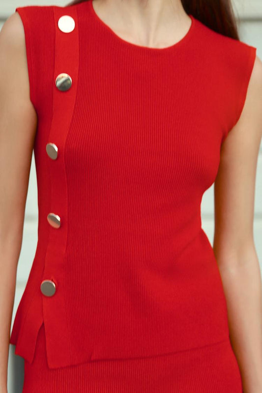 ZARA Knit Top With Gold Button - Red