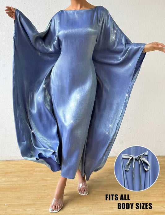 Shein Raffnea Women Round Neck Batwing Sleeve Solid Color Loose- Blue
