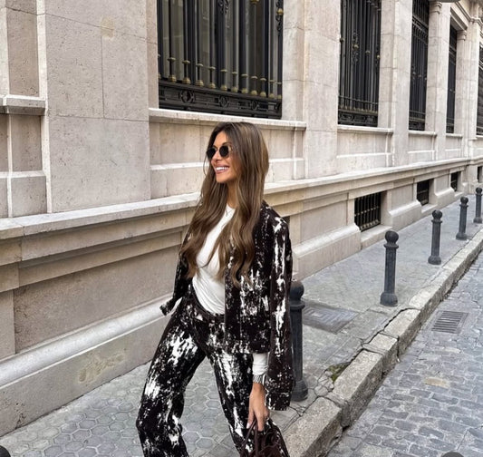 ZARA Animal Print Flocked Jacket-Brown/White