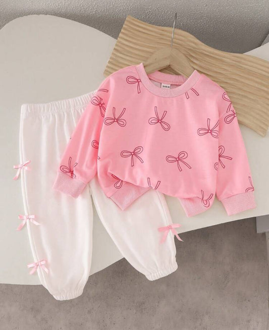 SHEIN Genkmix Kids Baby Girls Pink Bow Décor Sweatshirt & Pant Set