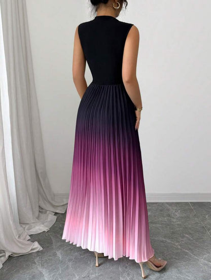 Shein Elenzga Elegent Casual Sleeveless Black Patchwork Ombre Pleated Dress