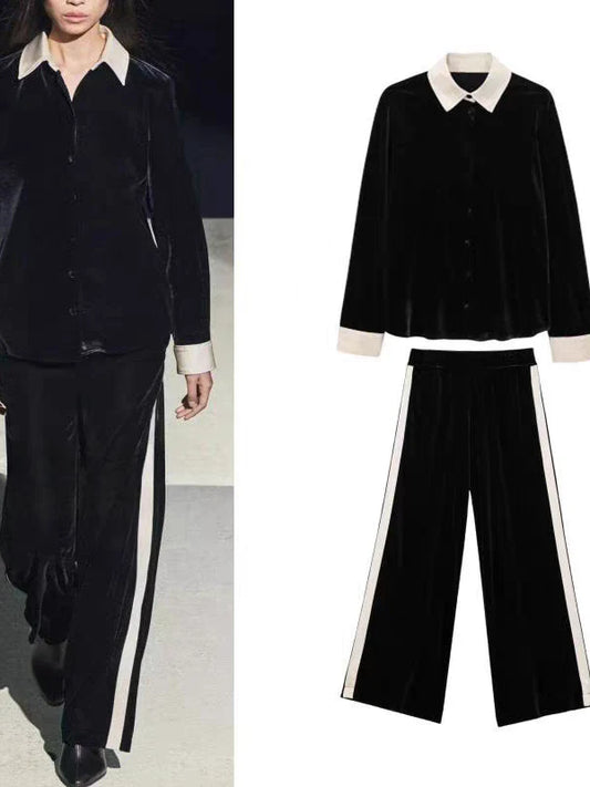 ZARA Black Vevet Shirt & Wide leg Pants Cord Set
