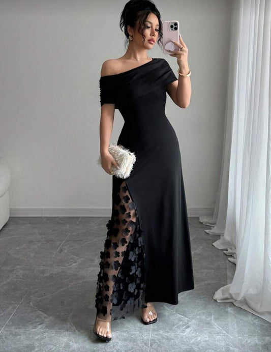 Shein Asymmetric Collar Patchwork 3D Floral Mesh Flower Dress