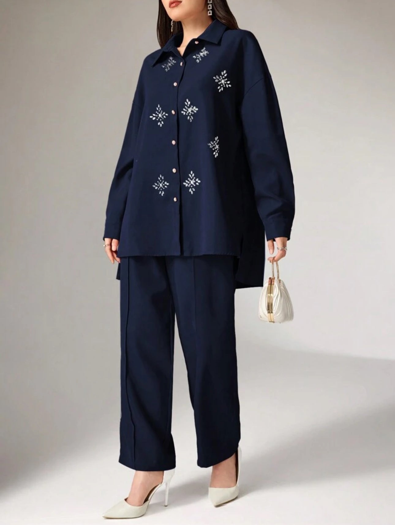 SHEIN Heiryn Womens Snowflake Patteren Rhinestone Décor Top And Pant